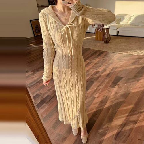 杏色针织包臀长裙搭配图_显气质，亚洲女性首选