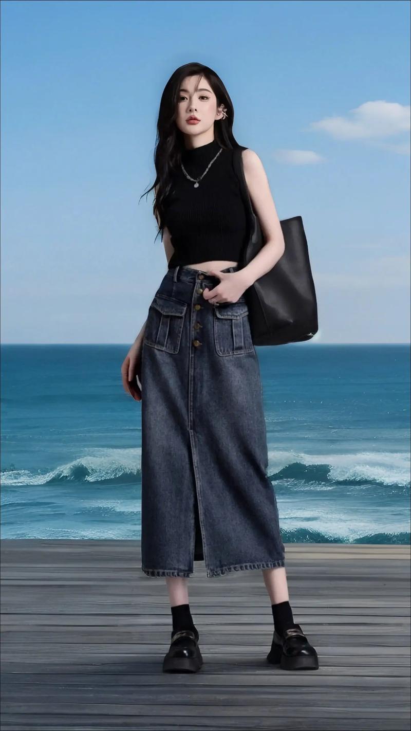 过膝牛仔裙配什么上衣图片_过膝半裙时尚百搭，牛仔碎花任你选！