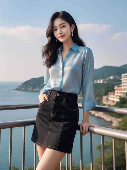 女校花穿蓝色衬衫和黑色短裙图片_蓝衬衫黑短裙，优雅又自信的女人味