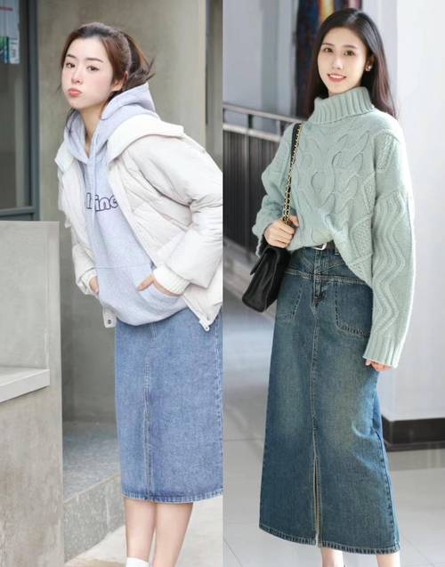 过膝牛仔裙配什么上衣图片_过膝半裙时尚百搭，牛仔碎花任你选！