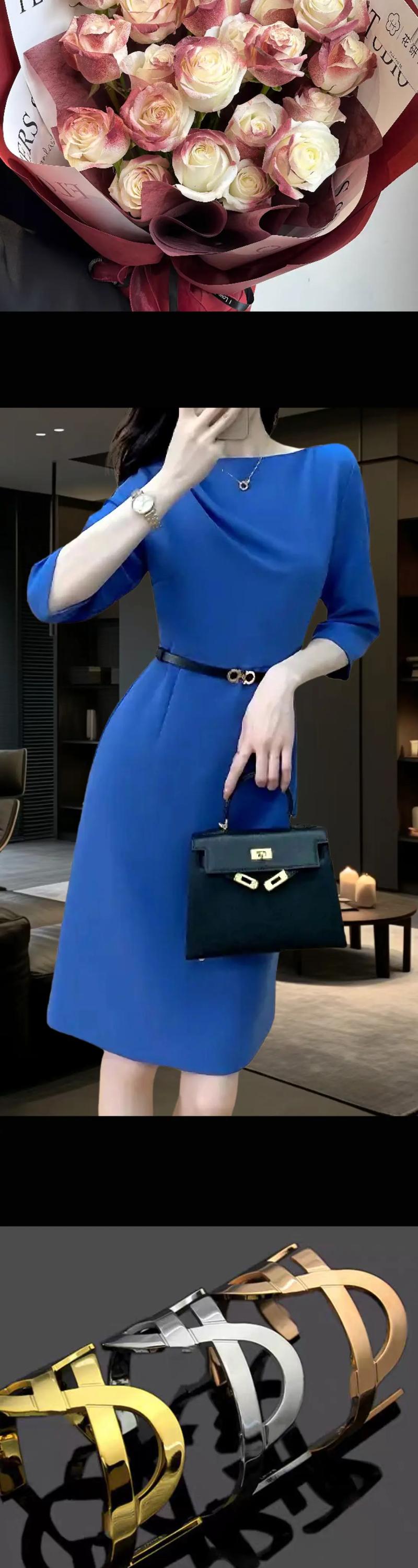 蓝色连衣裙配什么颜色腰带_蓝色连衣裙配腰带，黑白灰百搭，个性可选紫红