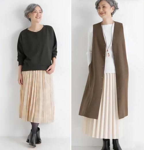 日本中老年服装搭配_藏蓝高领衫配绿灰，50+优雅穿搭显气质