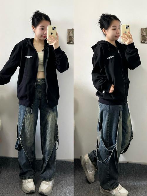 连帽开衫搭配什么裤子_黑连帽衫混搭，甜飒休闲日常风！