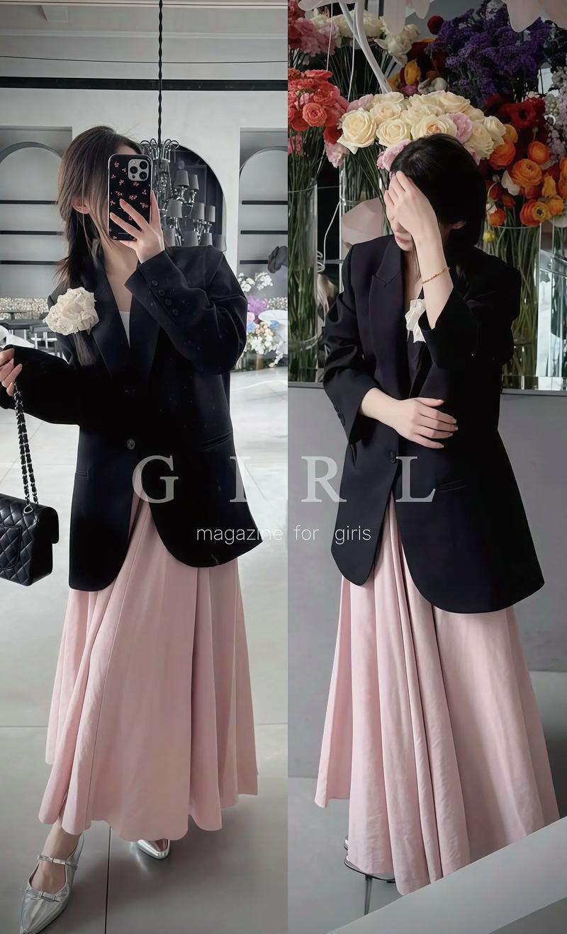 皮粉色上衣配黑色裙子好好看_皮粉色上衣配黑裙，时尚百搭显气质