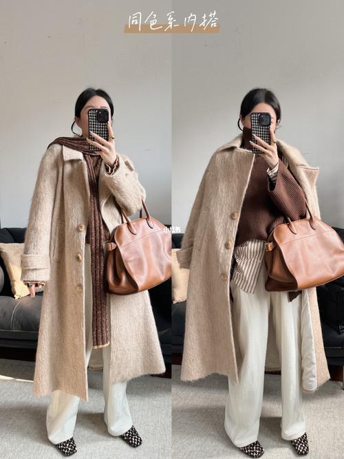 米驼色最佳颜色搭配_米驼色大衣配黑毛衣白裤子，复古摩登显气质